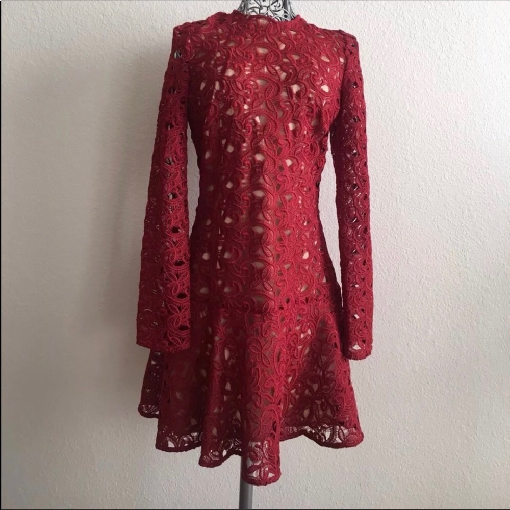 ZARA Red Plum Lace Long Sleeve Romantic Cocktail Dress | XS | NWOT